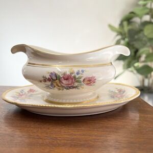 Castleton Rose Bone China Oval Gravy Boat Attached Under Plate Romantic Floral